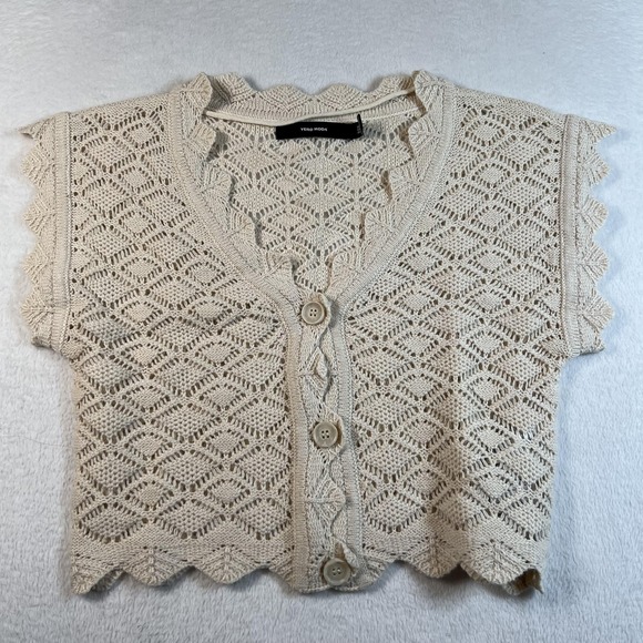 Vero Moda Sweaters - Vero Moda Sweater Vest Womens XS Beige Open Knit Crochet Boho Top Scallop Hem